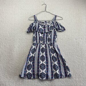 DEX Boho Ruffle Mini Dress Floral Festival Bohemian Sz M Folk Manadala AOP